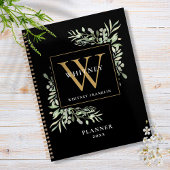 Zwart en goud groen blad monogram naam 2023 planner