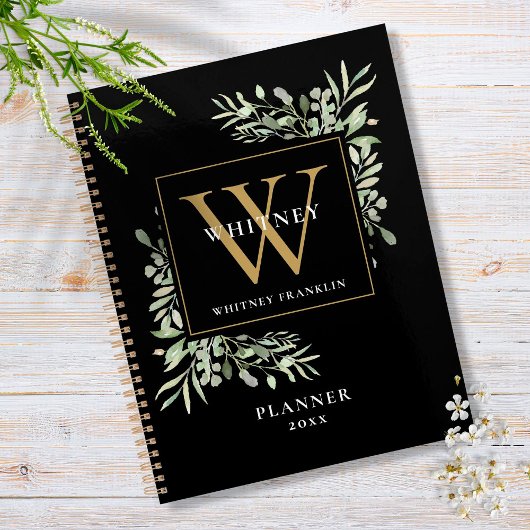 Zwart en goud groen blad monogram naam 2023 planner