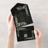 Zwart en Goud Groen Bloemen QR Code Bruiloft All In One Uitnodiging (Afscheurbaar)