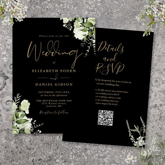 Zwart en Goud Groen Bloemen QR Code Bruiloft Kaart