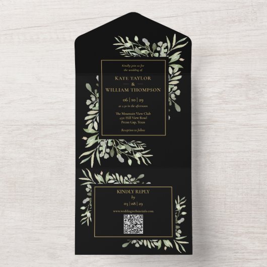 Zwart en goud groen bloemmotief QR-code trouwfeest All In One Uitnodiging (Binnen)