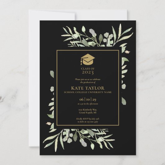 Zwart en goud groen foto afstudeerfeest uitnodigin kaart (Voorkant)