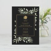 Zwart en goud groen foto afstudeerfeest uitnodigin kaart (Staand voorkant)