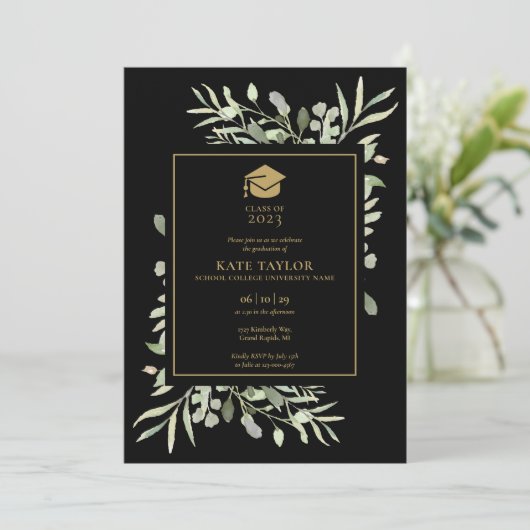 Zwart en goud groen foto afstudeerfeest uitnodigin kaart (Staand voorkant)