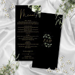 Zwart en goud groen monogram bruiloft diner menu<br><div class="desc">Deze elegante zwart-gouden bloemige botanische groen bladeren bruiloft menu kan worden gepersonaliseerd met uw informatie in chique typografie met uw monogram initialen op de achterkant. Ontworpen door Thisnotme©</div>