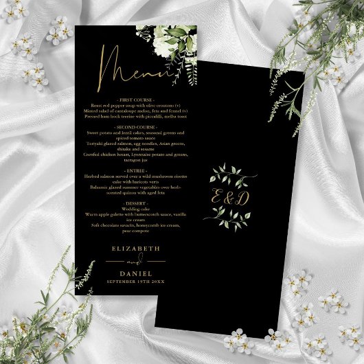 Zwart en goud groen monogram bruiloft diner menu
