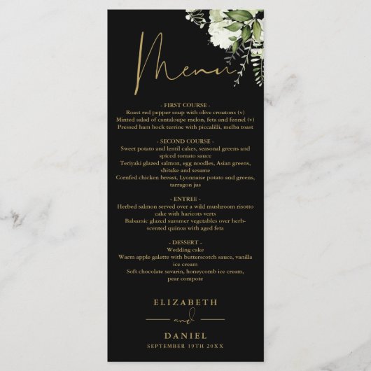 Zwart en goud groen monogram bruiloft diner menu (Voorkant)