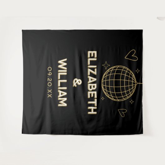 Zwart en goud Groovy Disco bruiloft foto achtergro Wandkleed (Voorkant (horizontaal))