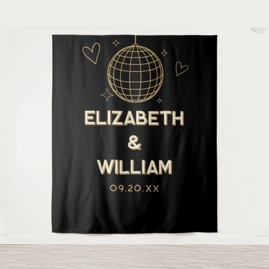 Zwart en goud Groovy Disco bruiloft foto achtergro Wandkleed (Voorkant)