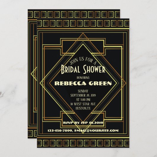 Zwart en Goud Grote Gatsby vrijgezellenfeest Kaart (Voorkant / Achterkant)