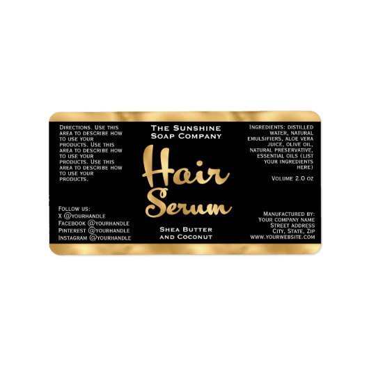 Zwart en Goud Haar Serum Fles Label (Voorkant)