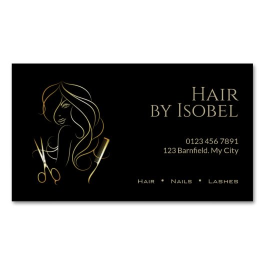 Zwart en Goud Haar Stylist Magnetisch Visitekaartje (Voorkant)