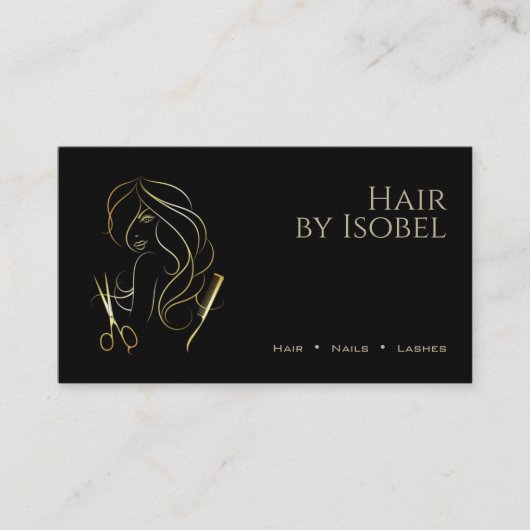 Zwart en Goud Haar Stylist Visitekaartje (Voorkant)