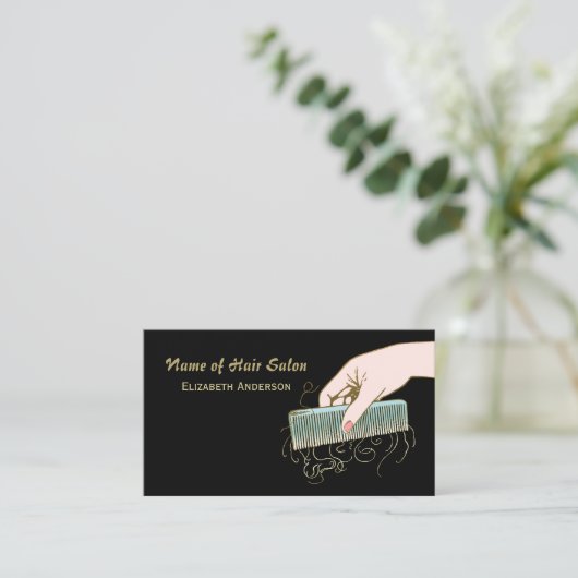 Zwart en Goud Hair Salon  Kam en krullen Visitekaartje (Staand voorkant)