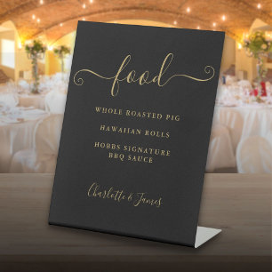 Zwart en goud handtekening script eten menu reclamebord met voetstuk