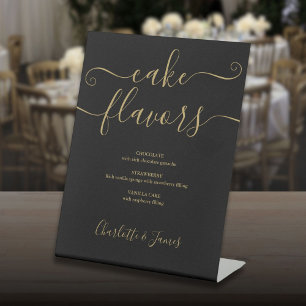 Zwart en goud handtekening script taart smaken reclamebord met voetstuk