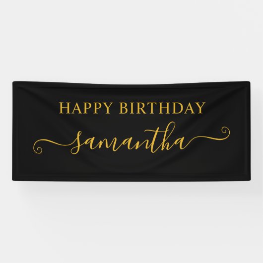 Zwart en goud Happy Birthday Schattigee handtekeni Spandoek (Horizontaal)