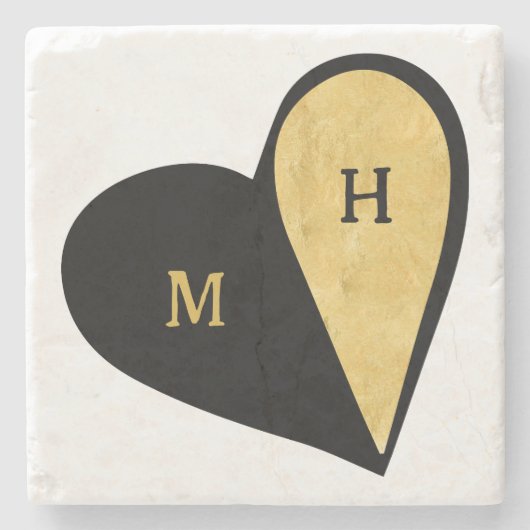 Zwart en goud hart romantisch monogram stenen onderzetter (Voorkant)