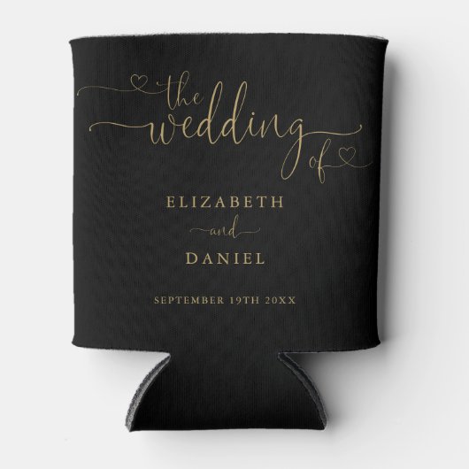 Zwart en Goud Hart Script Bruiloft Blikjeskoeler (Voorkant)