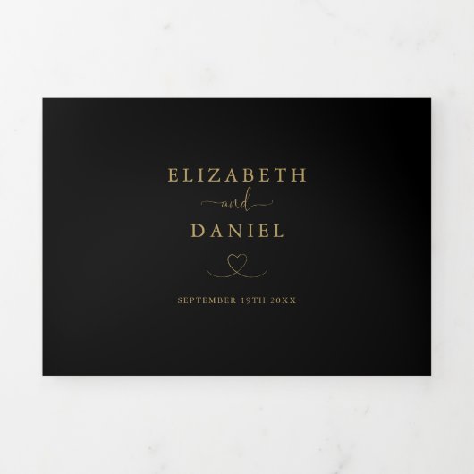 Zwart en Goud Hart Script Bruiloft Drieluik Uitnodiging (Cover)