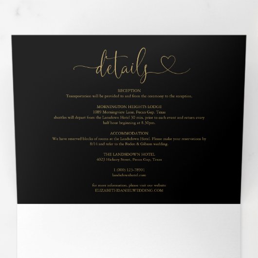 Zwart en Goud Hart Script Bruiloft Drieluik Uitnodiging (Binnenzijde eerst)