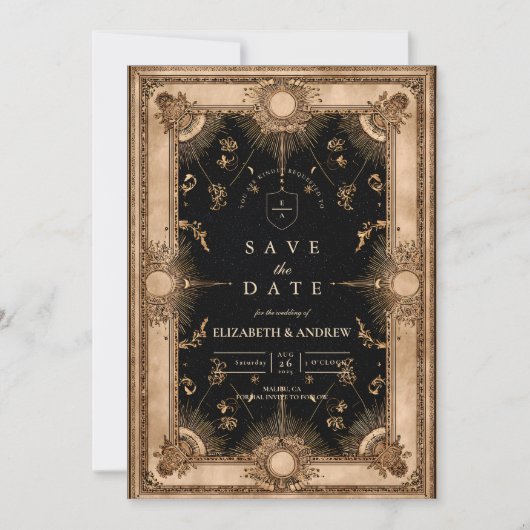 Zwart en goud hemels barok bruiloft save the date (Voorkant)