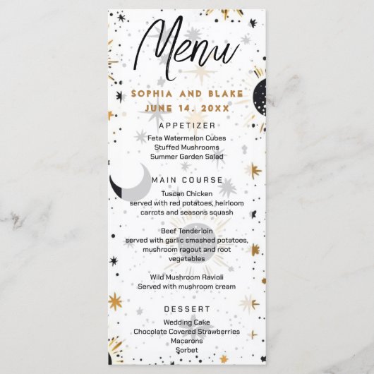 Zwart en goud Hemelse Zon Maan Sterren Bruiloft Menu (Voorkant)