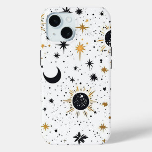 Zwart en goud Hemelzon Maan Sterren iPhone 15 Case