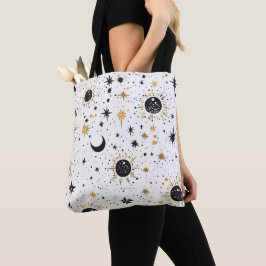 Zwart en goud Hemelzon Maan Sterren Tote Bag