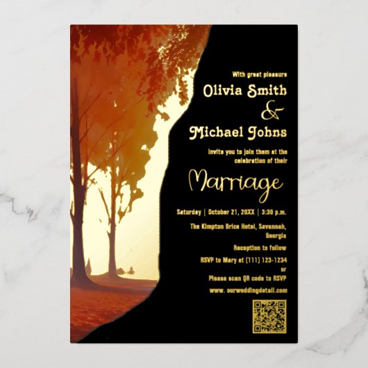 Zwart en Goud Herfst QR code Bruiloft Uitnodiging (Voorkant)