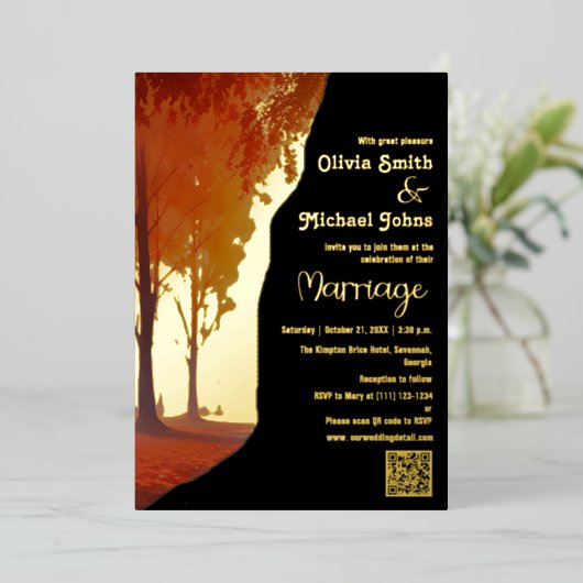 Zwart en Goud Herfst QR code Bruiloft Uitnodiging (Staand Voorkant)