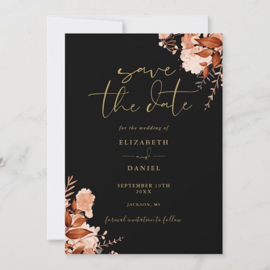 Zwart en Goud Herfst Rustieke Bloemen Foto Bruilof Save The Date (Voorkant)
