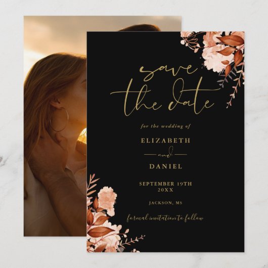Zwart en Goud Herfst Rustieke Bloemen Foto Bruilof Save The Date (Voorkant / Achterkant)