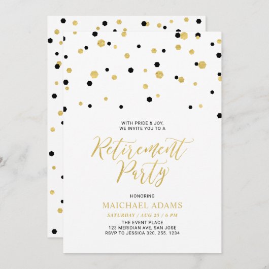 Zwart en goud | Hexagon Confetti Retirement Party  Kaart (Voorkant / Achterkant)