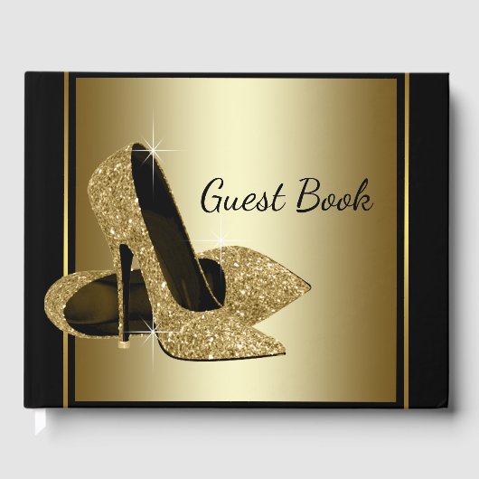 Zwart en goud High Heel Shoe Guest Book Gastenboek (Voorkant)