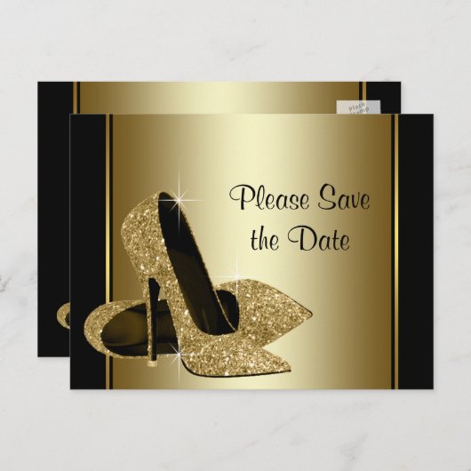 Zwart en goud High Heel Shoe Save The Date Aankondigingskaart (Voorkant / Achterkant)