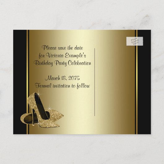 Zwart en goud High Heel Shoe Save The Date Aankondigingskaart (Achterkant)