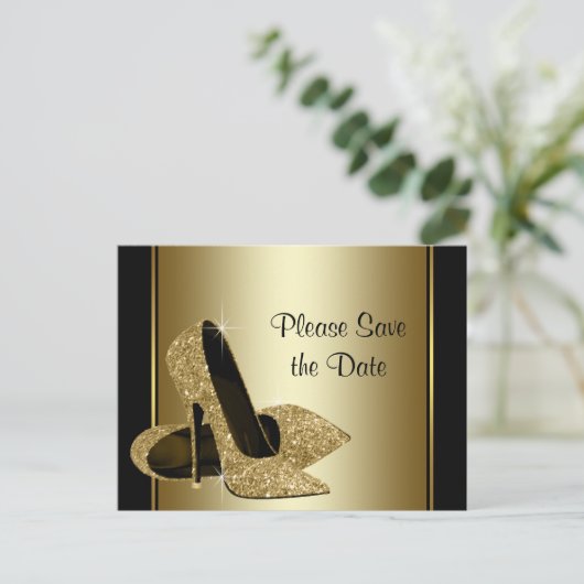 Zwart en goud High Heel Shoe Save The Date Aankondigingskaart (Staand voorkant)