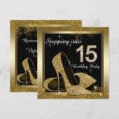 Zwart en Goud Hoge Hak Schoen Quinceañera Kaart (Voorkant / Achterkant)