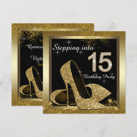 Zwart en Goud Hoge Hak Schoen Quinceañera Kaart (Voorkant / Achterkant)