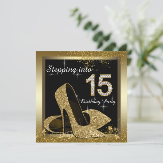 Zwart en Goud Hoge Hak Schoen Quinceañera Kaart (Staand voorkant)