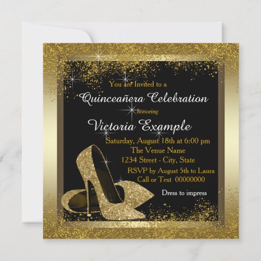 Zwart en Goud Hoge Hak Schoen Quinceañera Kaart (Achterkant)