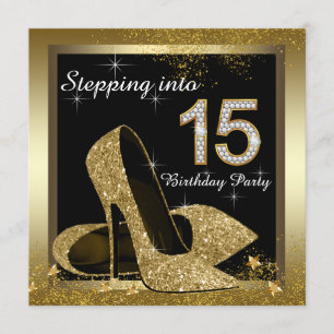 Zwart en Goud Hoge Hak Schoen Quinceañera Kaart