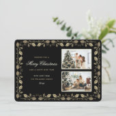 Zwart en Goud Holly Foto Kerstmis Feestdagenkaart (Staand voorkant)
