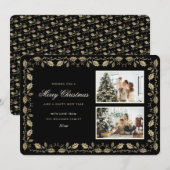 Zwart en Goud Holly Foto Kerstmis Feestdagenkaart (Voorkant / Achterkant)