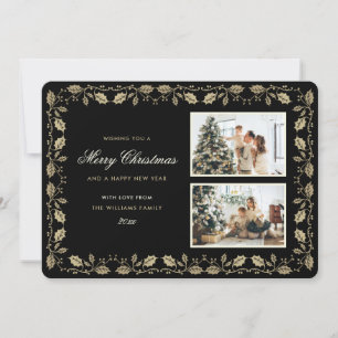 Zwart en Goud Holly Foto Kerstmis Feestdagenkaart