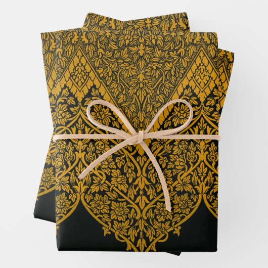  zwart en goud Indische bloemenpatroon Inpakpapier Vel (In situ)