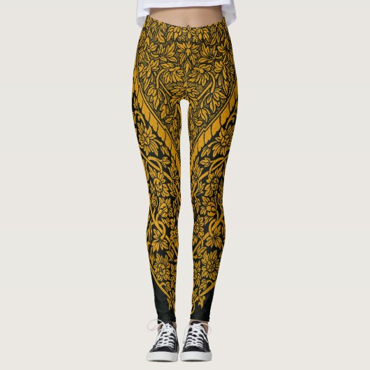 zwart en goud Indische bloemenpatroon Leggings (Voorkant)