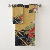 Zwart en Goud Japans Kimono Bloemen 3 Stuk Bad Handdoek (Insitu)