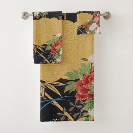 Zwart en Goud Japans Kimono Bloemen 3 Stuk Bad Handdoek (Insitu)